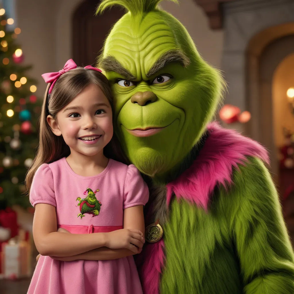 a little girl hugging the grin from the grin movie character in front of a christmas tree with a grin, photorealism, a character portrait, disney, promotional image