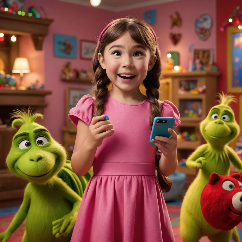 a girl in a pink dress holding a cell phone in front of a group of green monsters in a pink room, sots art, a stock photo, disney, promotional image