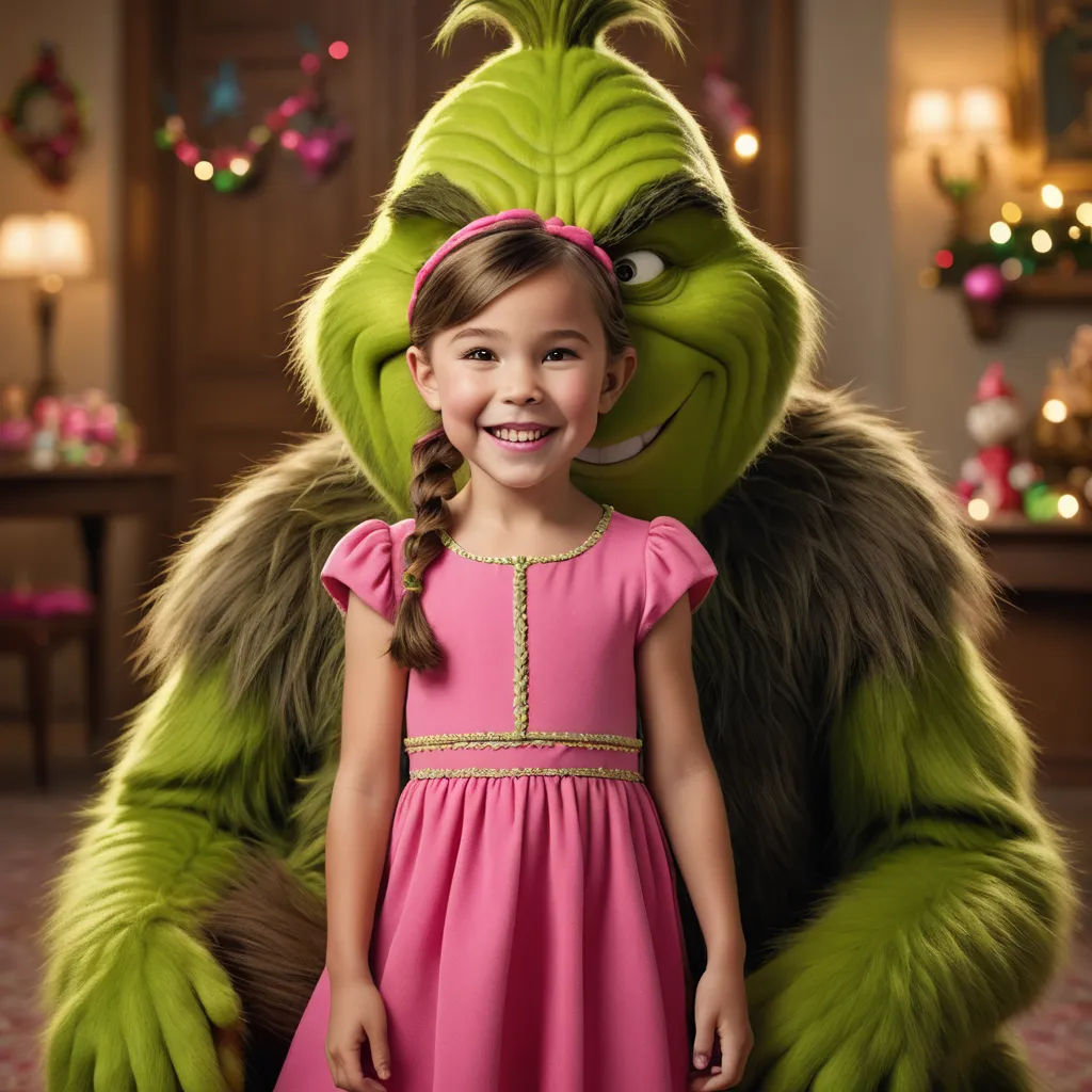 a little girl standing next to a big green monster in a pink dress and smiling at the camera with a big grin face, photorealism, a poster, Doug Ohlson, promotional image