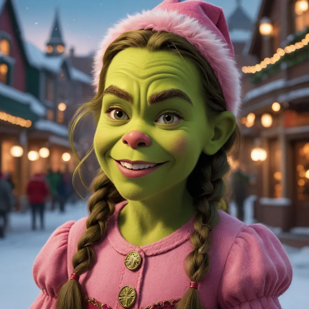 a woman in a green costume and a pink dress in a snowy town at night with lights on the buildings, photorealism, a character portrait, Chris LaBrooy, 8 k concept art