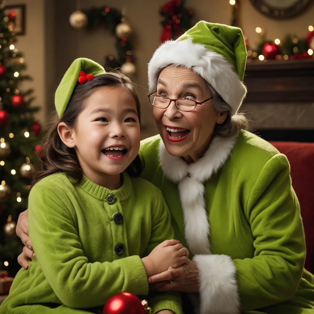 a woman and a child are dressed up for christmas time together, smiling at the camera, with a christmas tree in the background, dau-al-set, a stock photo, Evaline Ness, green