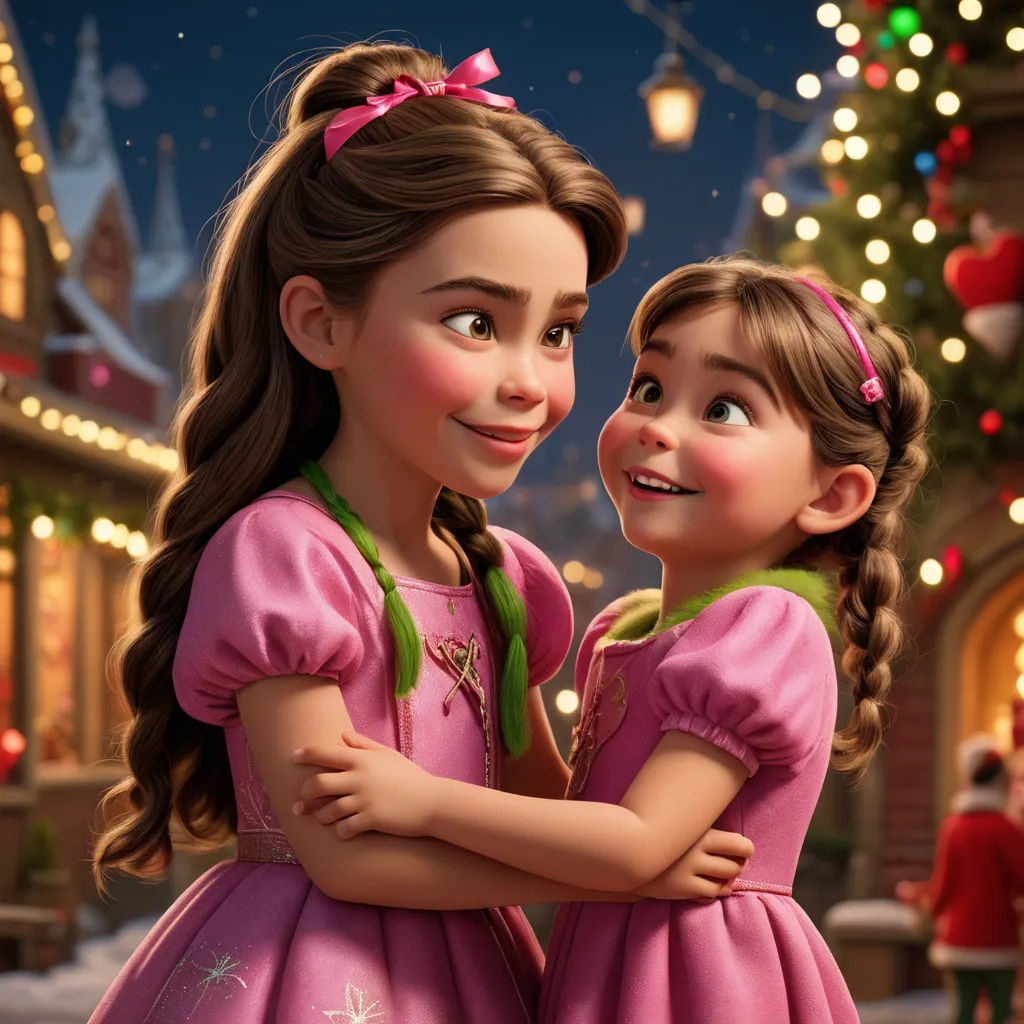 a couple of girls standing next to each other in front of a christmas tree and a building with lights, sots art, a poster, disney, cgstudio