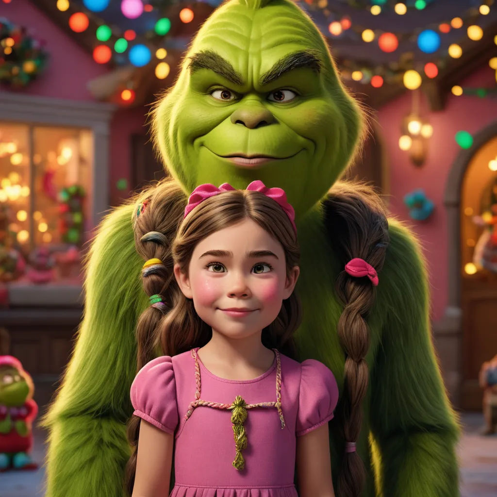 a girl and a grin face in a scene from the grin movie, which is being shown in a christmas scene, photorealism, a poster, Cliff Childs, promotional image