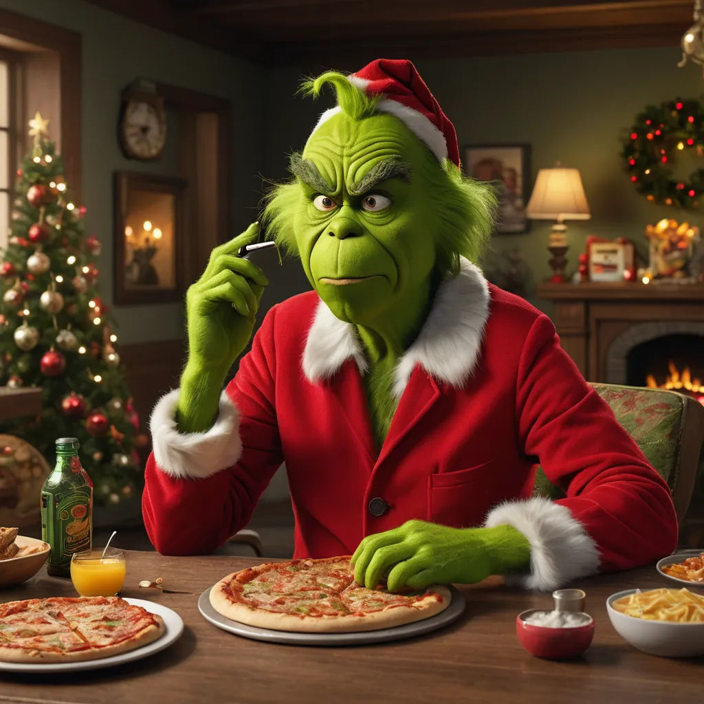 a griny man in a santa suit eating pizza and drinking beer at a table with a christmas tree in the background, photorealism, a character portrait, Ernest William Christmas, promotional image