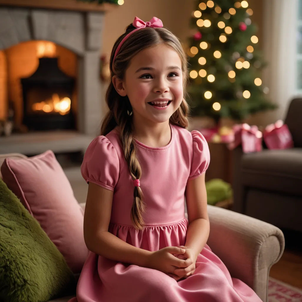 a little girl sitting on a couch in front of a christmas tree smiling at the camera with a pink dress on, magic realism, a stock photo, Christian Hilfgott Brand, promotional image