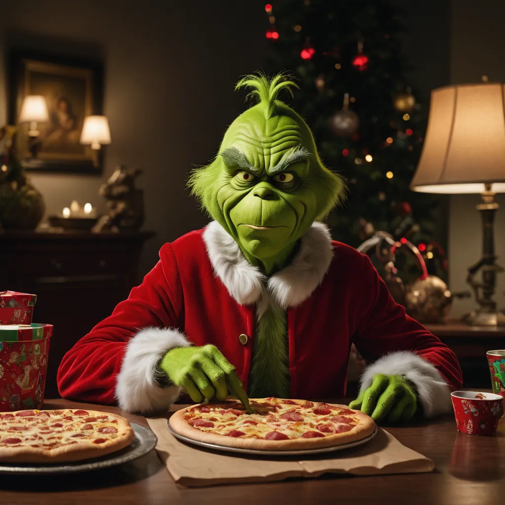 a grin face is cutting a pizza on a table with a christmas tree in the background and a santa clause suit on, les nabis, a character portrait, Ernest William Christmas, promotional image