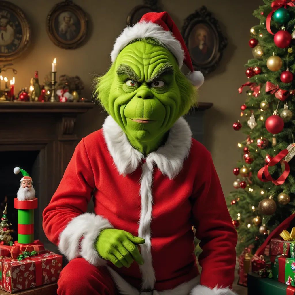 a man dressed as the grinch sitting in front of a christmas tree with presents around him and a christmas tree in the background, les nabis, a character portrait, Ernest William Christmas, vfx