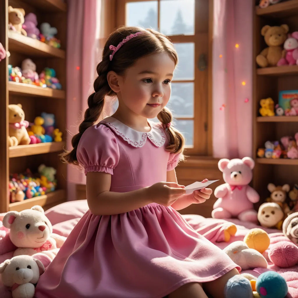 a little girl in a pink dress sitting on a bed with stuffed animals and teddy bears in the background, photorealism, a storybook illustration, Daniel Lieske, cinematic photography