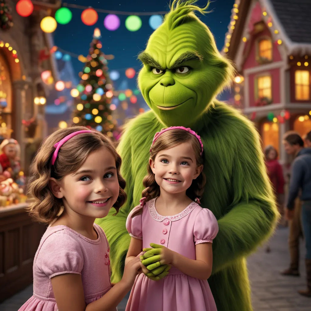 a couple of girls standing next to a green grin face in front of a christmas tree and a store, photorealism, a poster, disney, promotional image