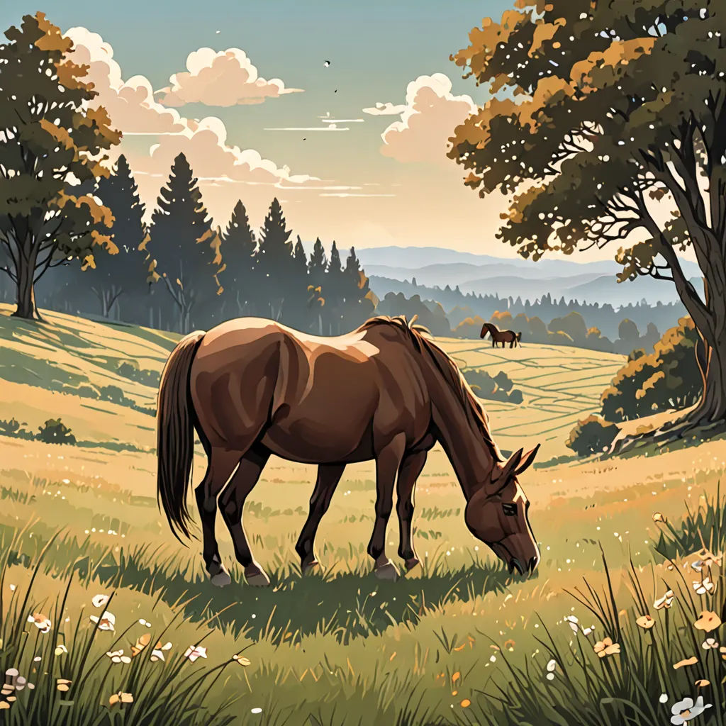 a horse grazing in a field with trees and flowers in the background, with a sky background and clouds, american scene painting, a comic book panel, Chris LaBrooy, game art