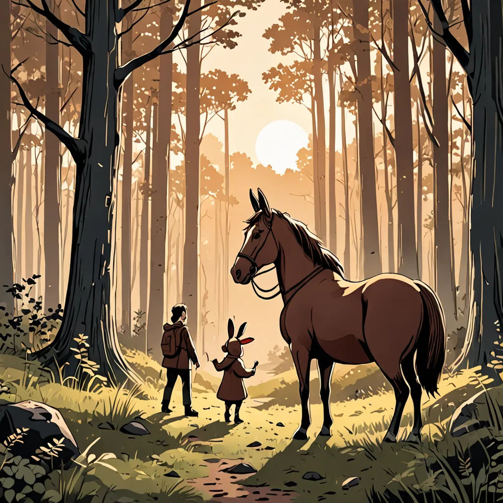 a man and a little girl standing in the woods with a horse and rabbit in front of them,, context art, a storybook illustration, Atey Ghailan, graphic novel