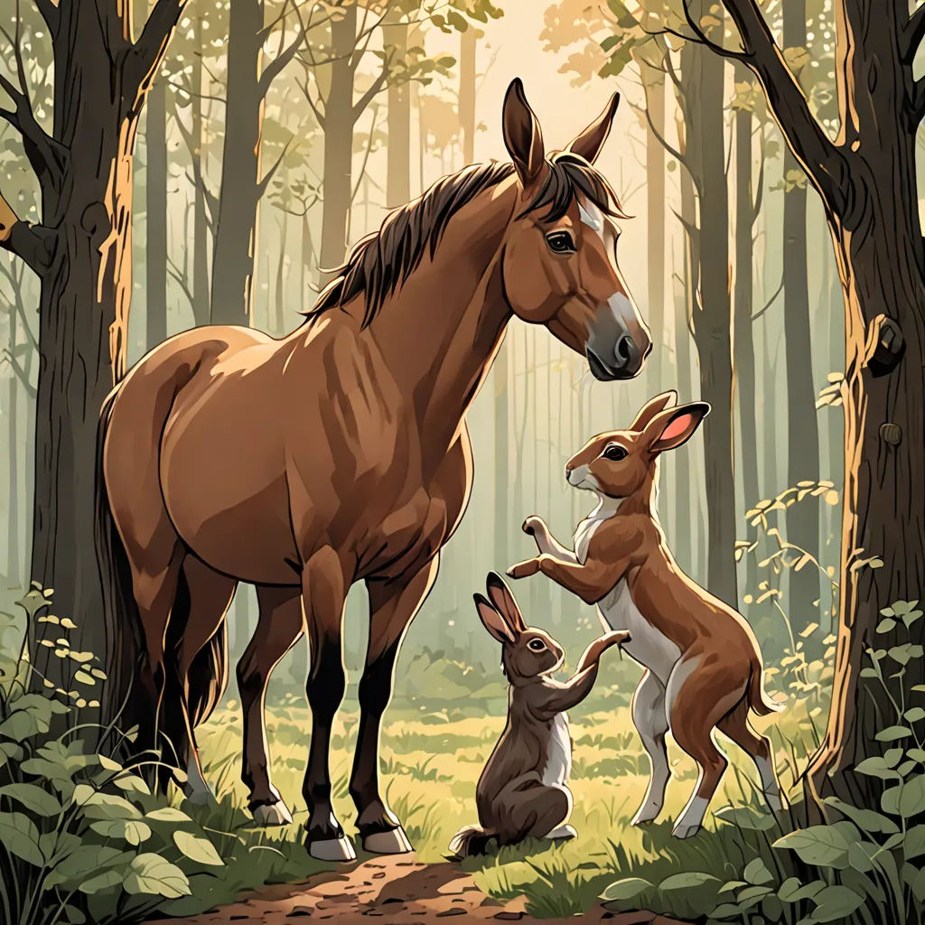 a horse and a rabbit in a forest with trees and grass and a forest background with trees and grass, furry art, a storybook illustration, Chris LaBrooy, official art