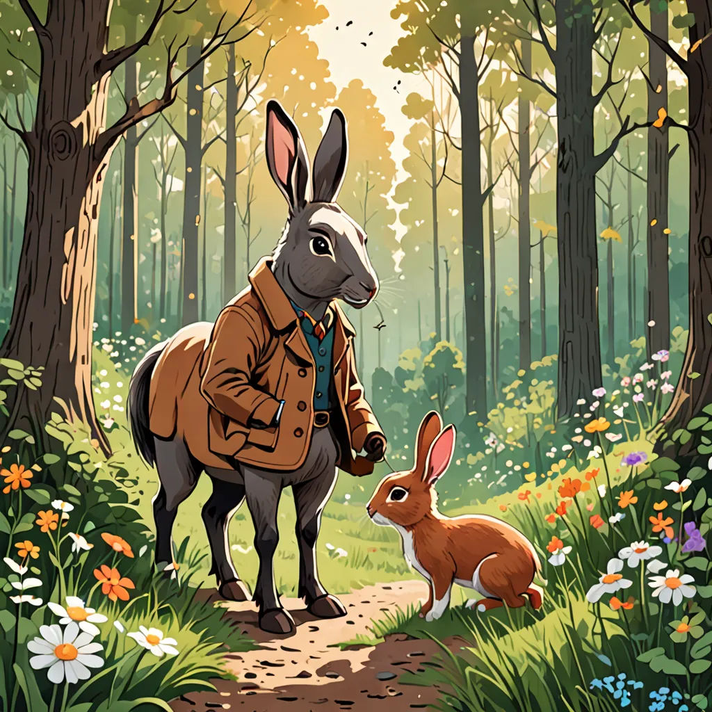 a rabbit and a rabbit in a forest with flowers and trees, and a man on a horse, with a rabbit in the foreground, furry art, a storybook illustration, Chris LaBrooy, official art