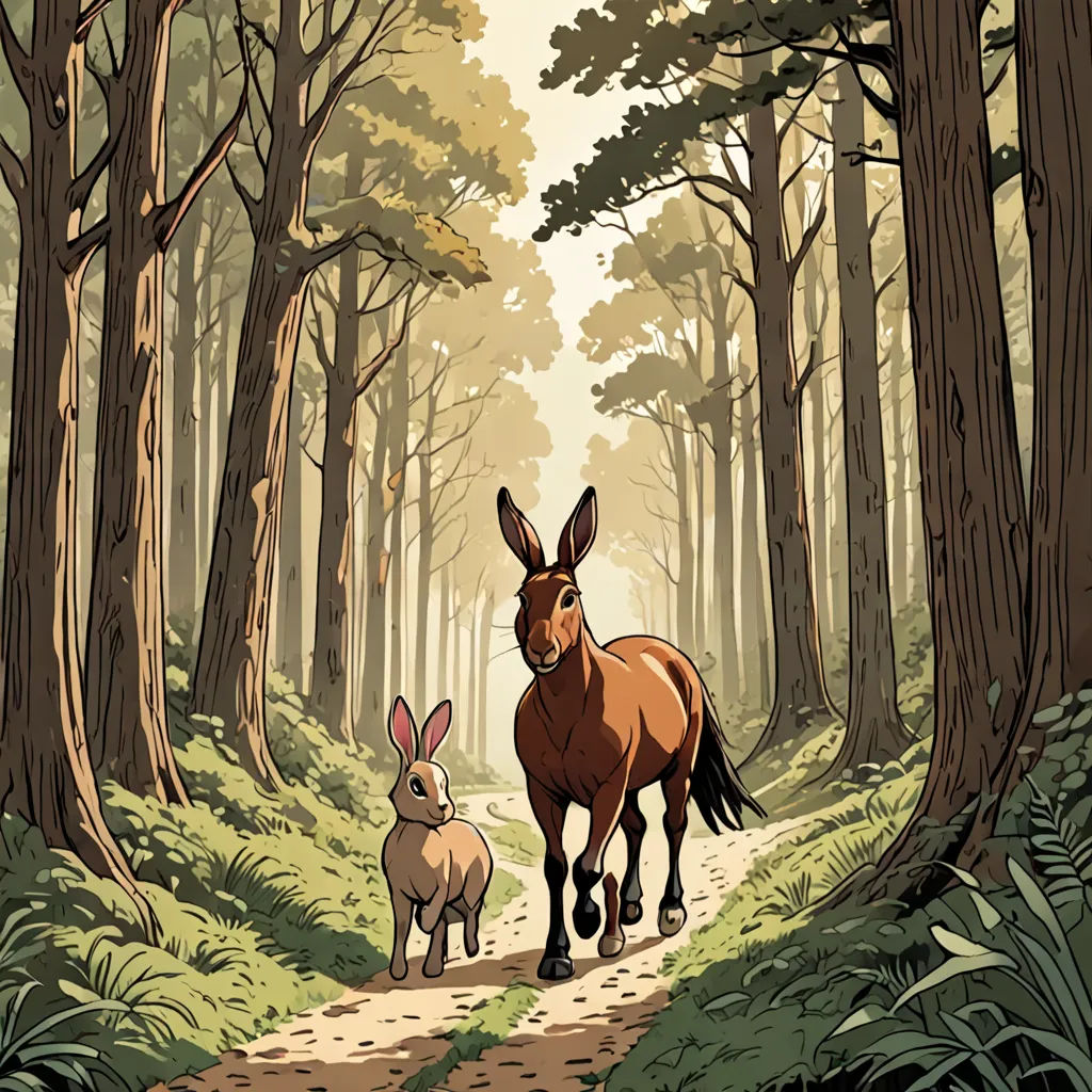 a donkey and a rabbit are walking through a forest together, with trees and grass on either side of the path, furry art, a storybook illustration, Asaf Hanuka, comic cover art