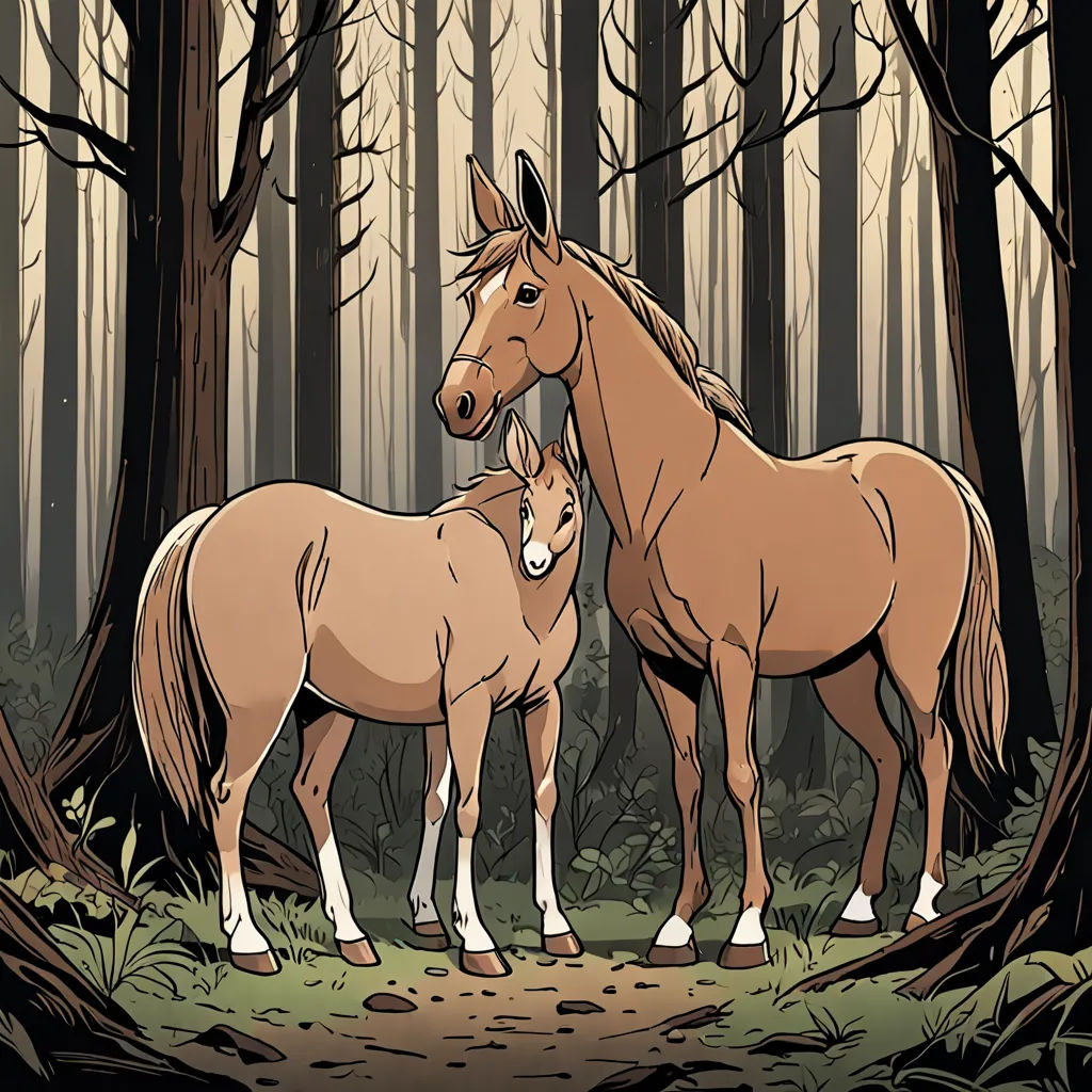 a couple of horses standing next to each other in a forest area with trees and grass on the ground, serial art, a storybook illustration, Brom, graphic novel