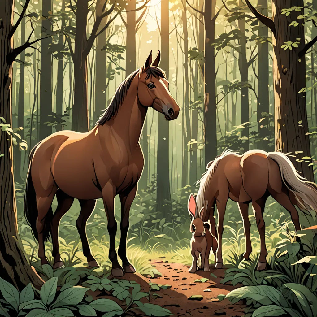 a horse and a baby horse standing in the woods together, with the mother horse behind them, and the baby horse standing in the foreground, furry art, a storybook illustration, Chris LaBrooy, official art