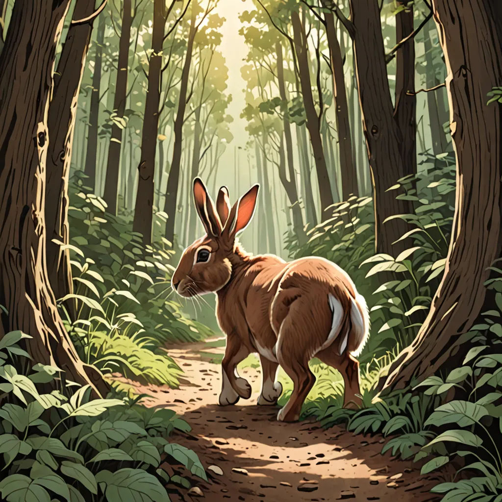 a rabbit is walking through a forest with trees and ferns on the ground and a path leading to it, magical realism, a storybook illustration, Dan Mumford, walton ford