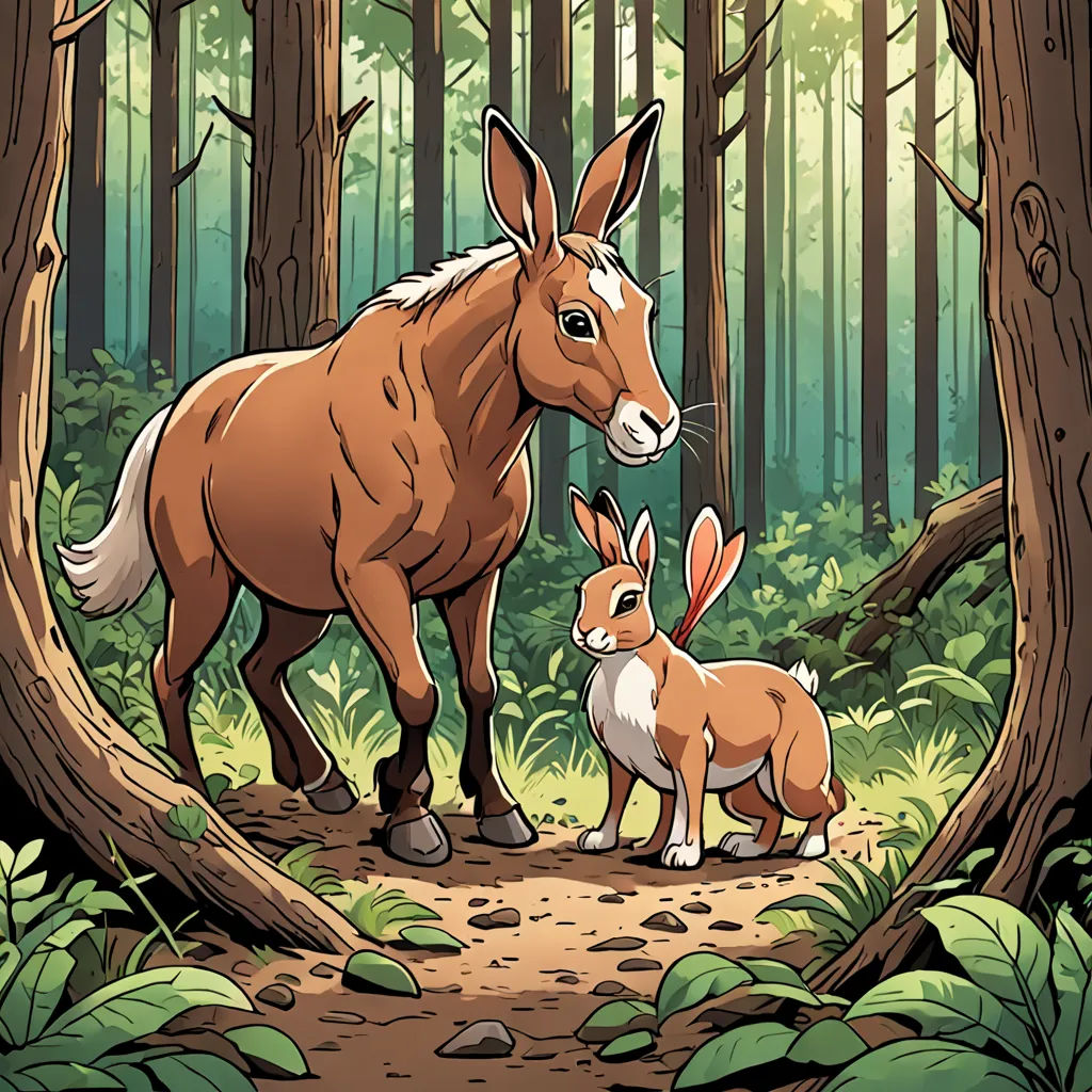 a horse and a baby horse standing in the woods together, surrounded by trees and foliage, with a forest background, furry art, a storybook illustration, Dan Mumford, storybook illustration