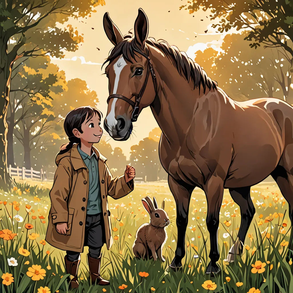 a boy standing next to a horse and a rabbit in a field of flowers and trees with a brown horse, american scene painting, a storybook illustration, Chris LaBrooy, storybook illustration