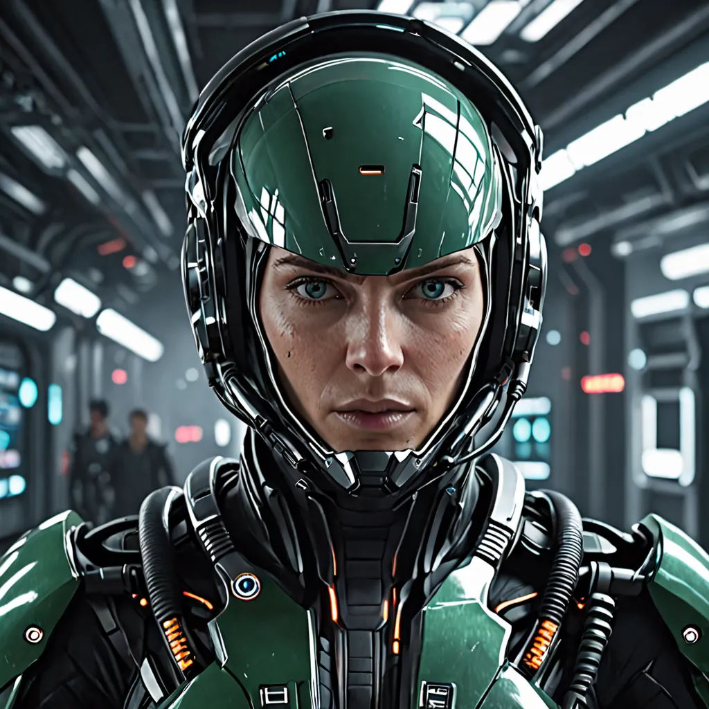 a woman in a sci - fi fi suit and helmet in a sci - fi setting with other people in the background, retrofuturism, computer graphics, Eve Ryder, unreal engine 5 highly rendered