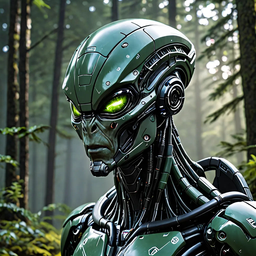 a robot with glowing eyes in a forest with trees in the background and fog in the air, with a green head and arms, antipodeans, a 3D render, Android Jones, biopunk