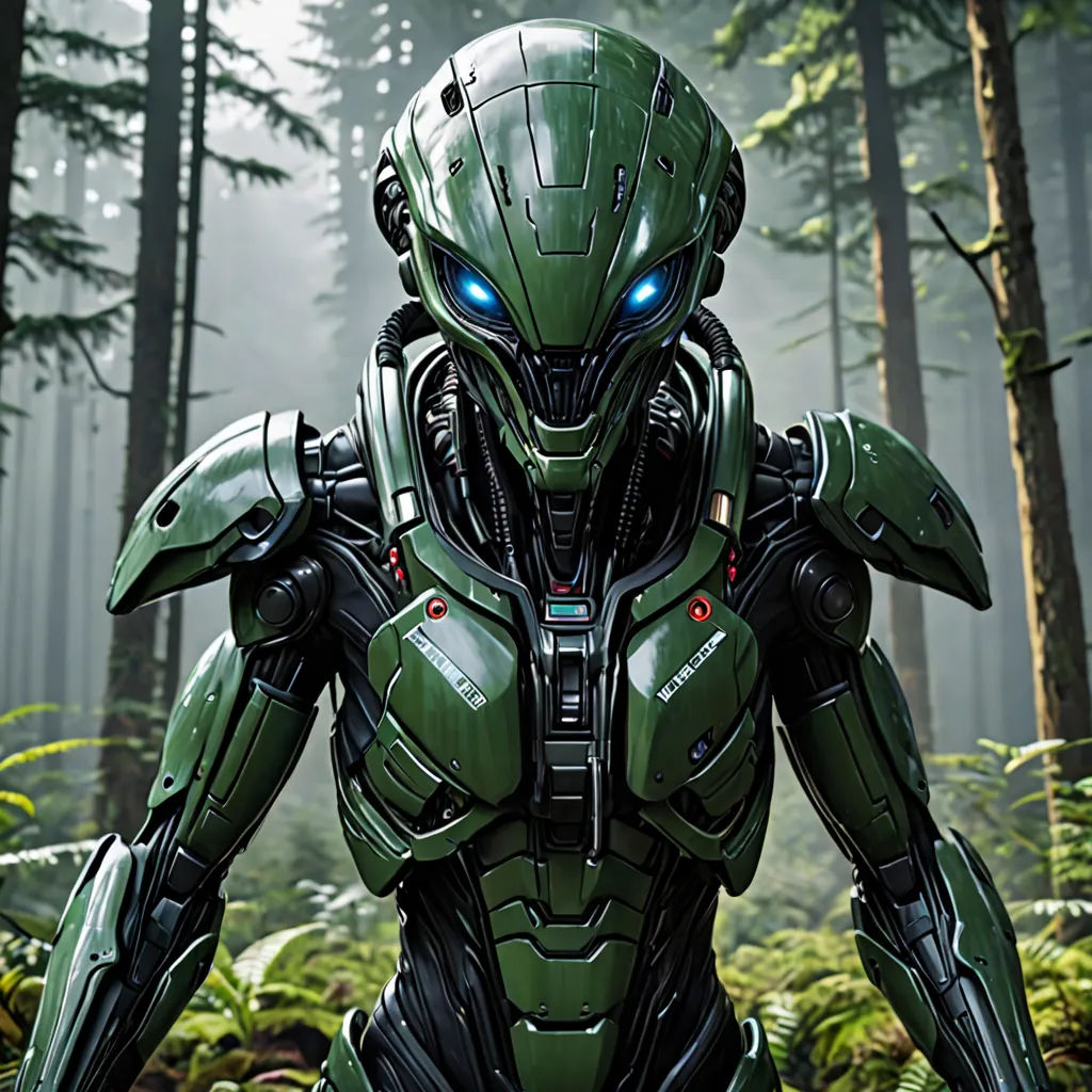 a robot in a forest with trees and bushes in the background, with a light on his face and a flashlight in his hand, antipodeans, concept art, Eddie Mendoza, unreal engine 5 quality render