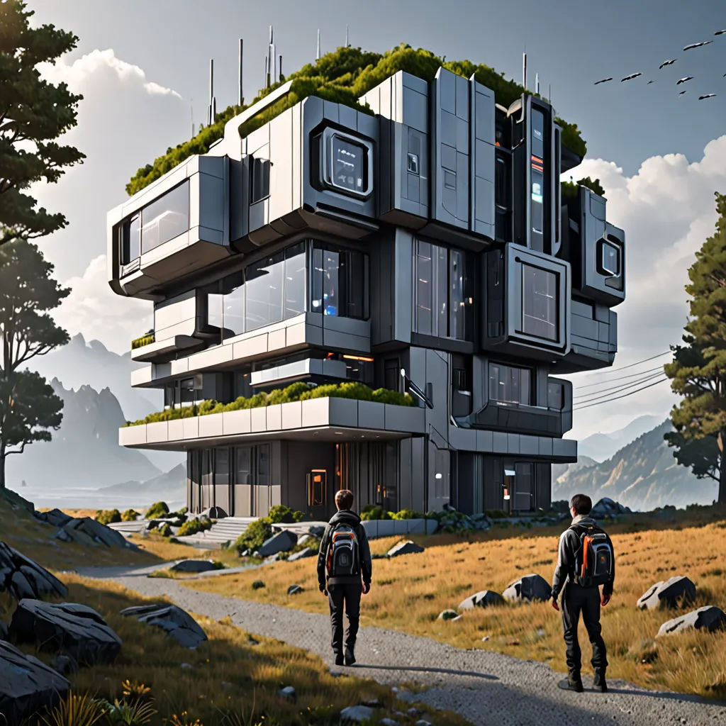 two people walking on a path in front of a building with a green roof and a clock on the top, retrofuturism, concept art, Filip Hodas, artstation hq