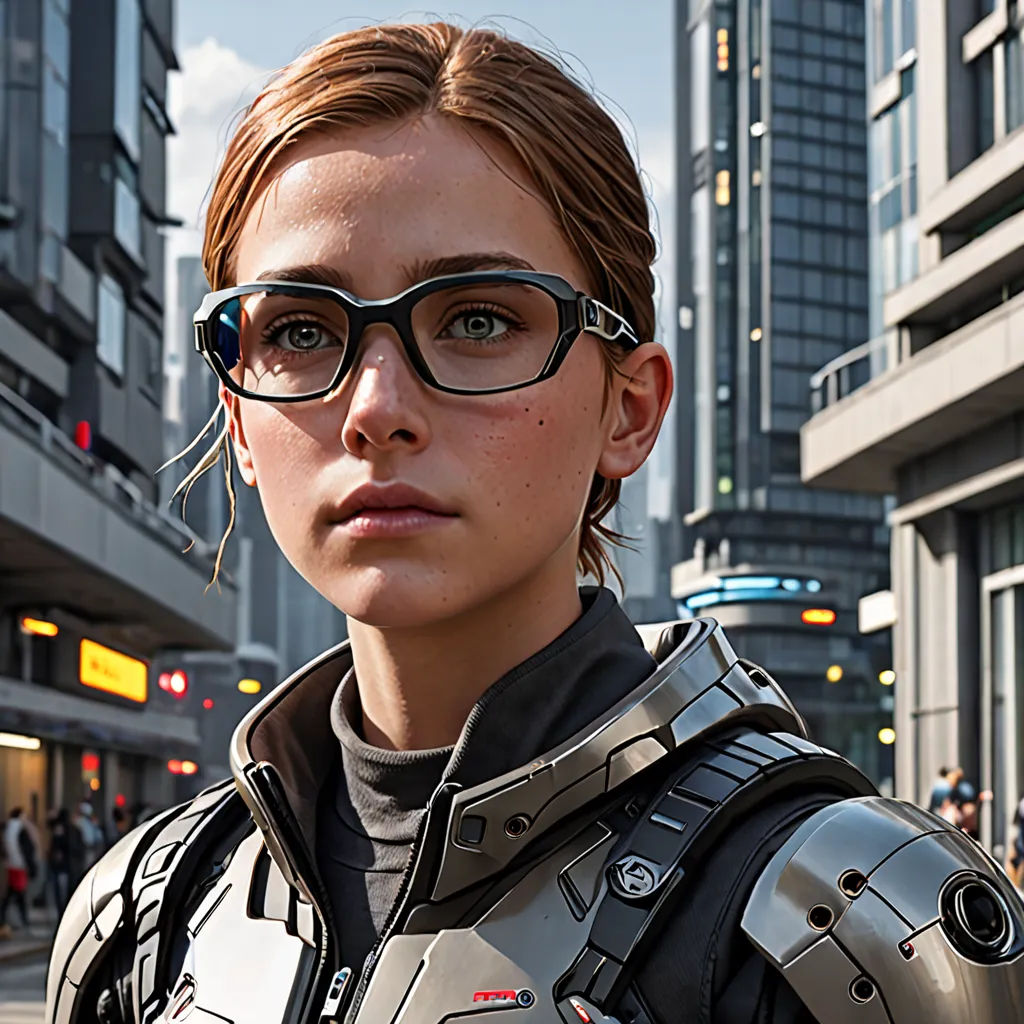 a woman in a futuristic suit and glasses standing in the street with a city in the background and a building in the background, photorealism, computer graphics, Eve Ryder, unreal engine 5 quality render