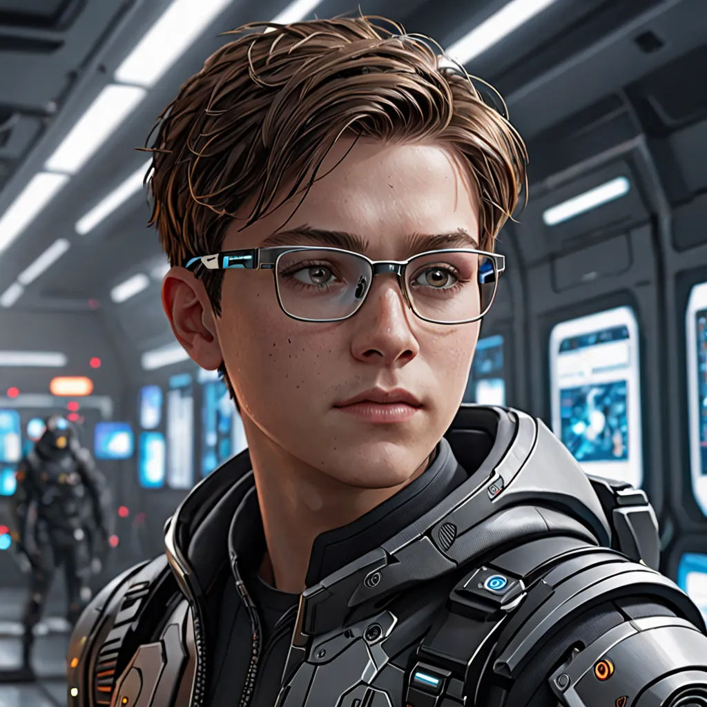 a man in a sci - fi fi suit and glasses in a sci - fi setting with a robot in the background, sots art, computer graphics, Eve Ryder, unreal engine 5 quality render