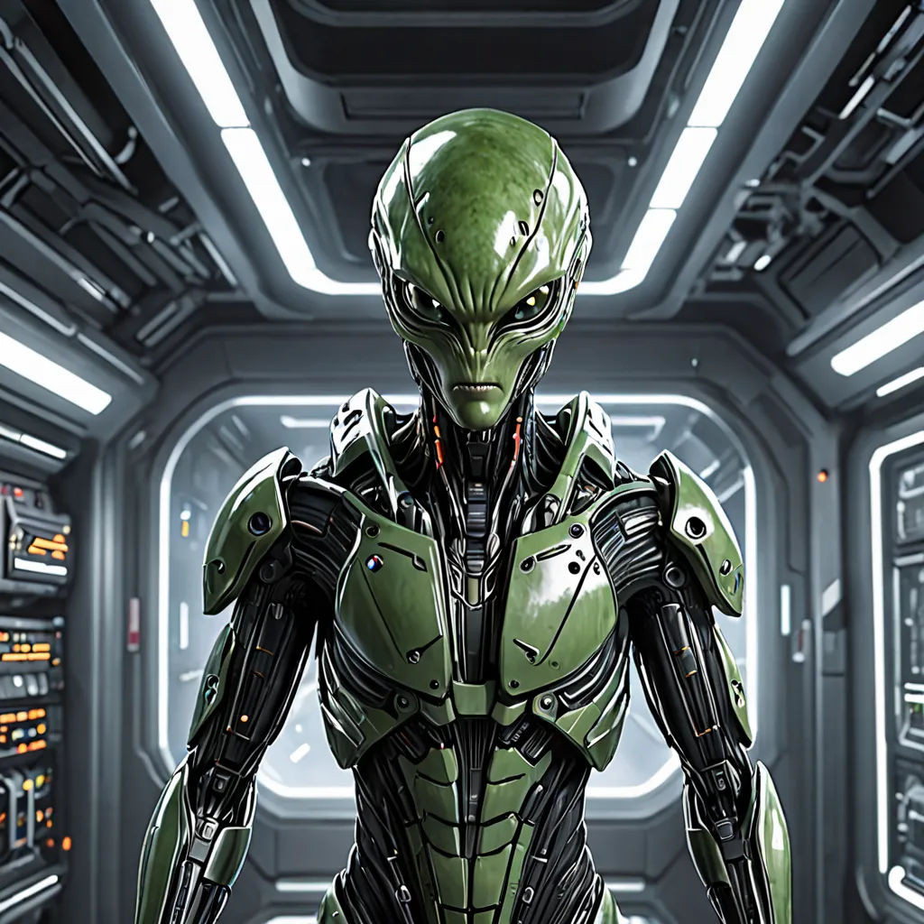 a green alien standing in a sci - fi fi room with a large window in the background and a large window in the ceiling, photorealism, a computer rendering, Eddie Mendoza, unreal engine 5 quality render