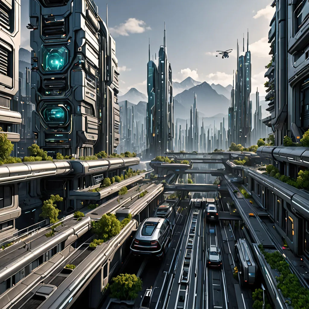 a futuristic city with a futuristic train station and a futuristic car park in the middle of the road, with a futuristic city in the background, futurism, a detailed matte painting, Filip Hodas, solarpunk