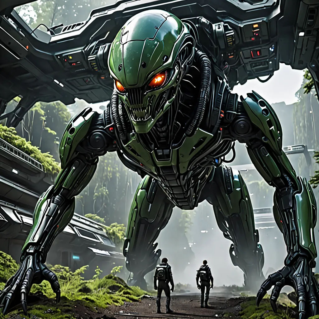a giant robot with two men standing next to it in a forest area with a giant alien like creature, antipodeans, concept art, Eddie Mendoza, conceptart