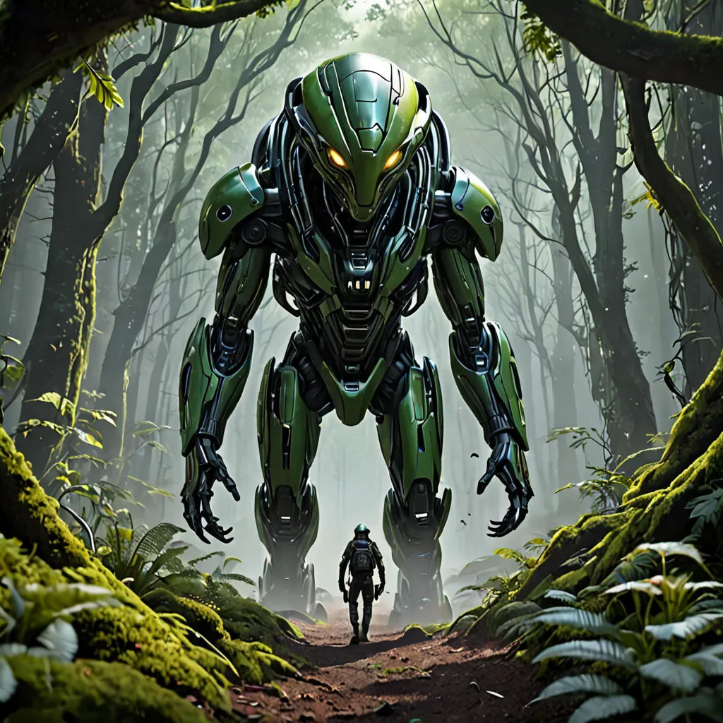 a man standing in a forest next to a giant robot in the middle of the forest with a man standing next to him, antipodeans, concept art, Eddie Mendoza, cinematic 4k wallpaper