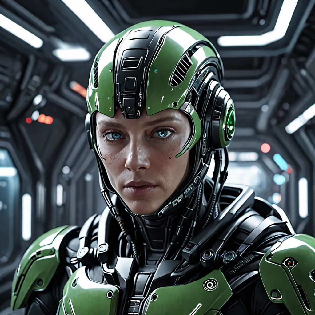 a woman in a sci - fi fi suit in a sci - fi setting with a helmet on her head, photorealism, a computer rendering, Eve Ryder, unreal engine 5 highly rendered