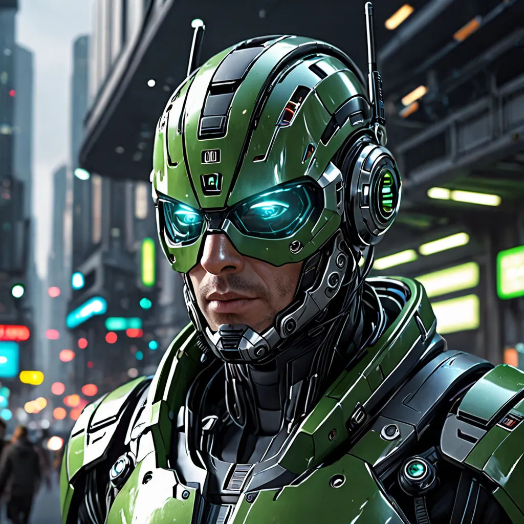 a man in a green suit and headphones in a city street at night with neon lights on the buildings, photorealism, a character portrait, Eddie Mendoza, unreal engine 5 highly rendered