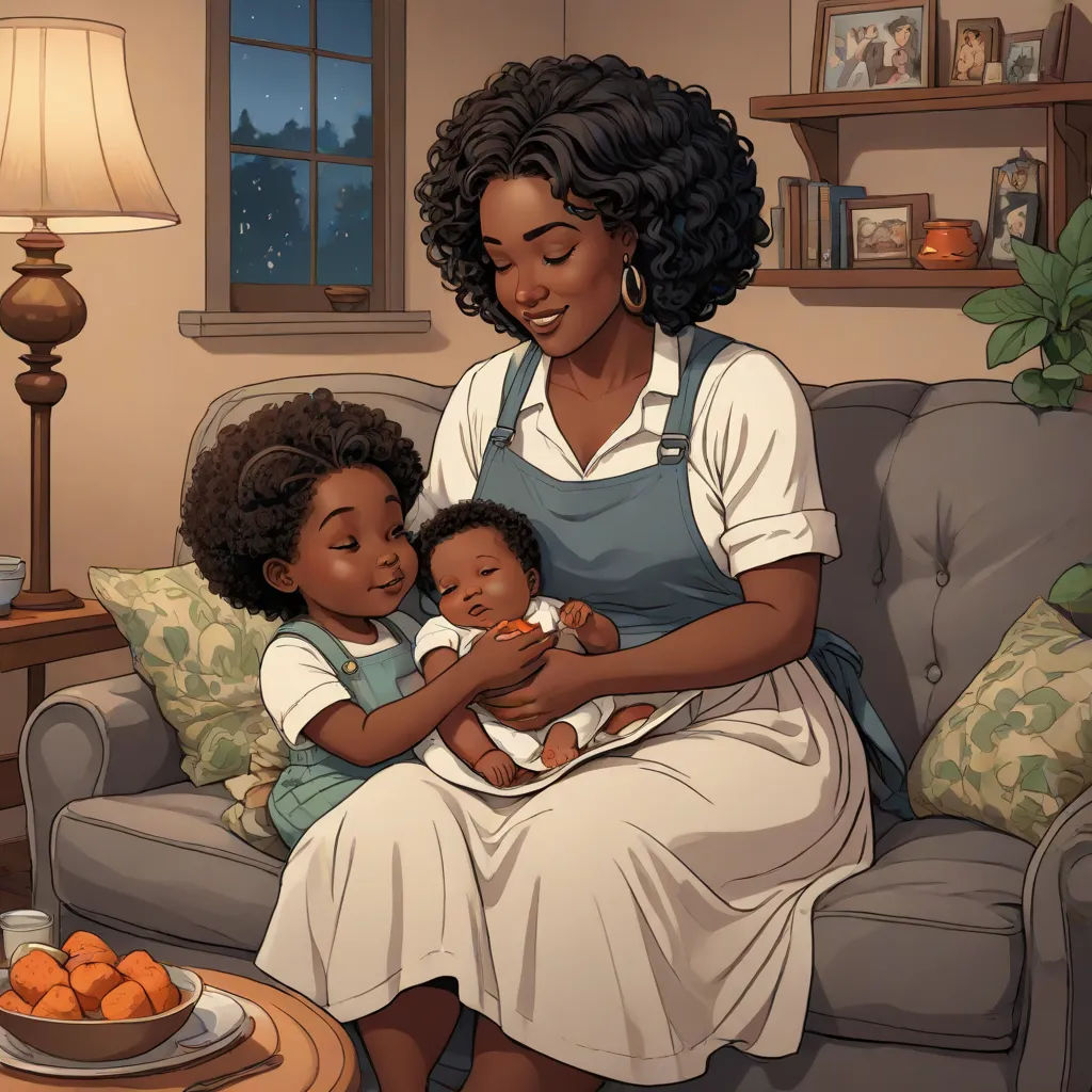 a woman sitting on a couch holding a baby next to a bowl of oranges on a table next to a lamp, afrofuturism, a storybook illustration, Dorothy King, storybook illustration