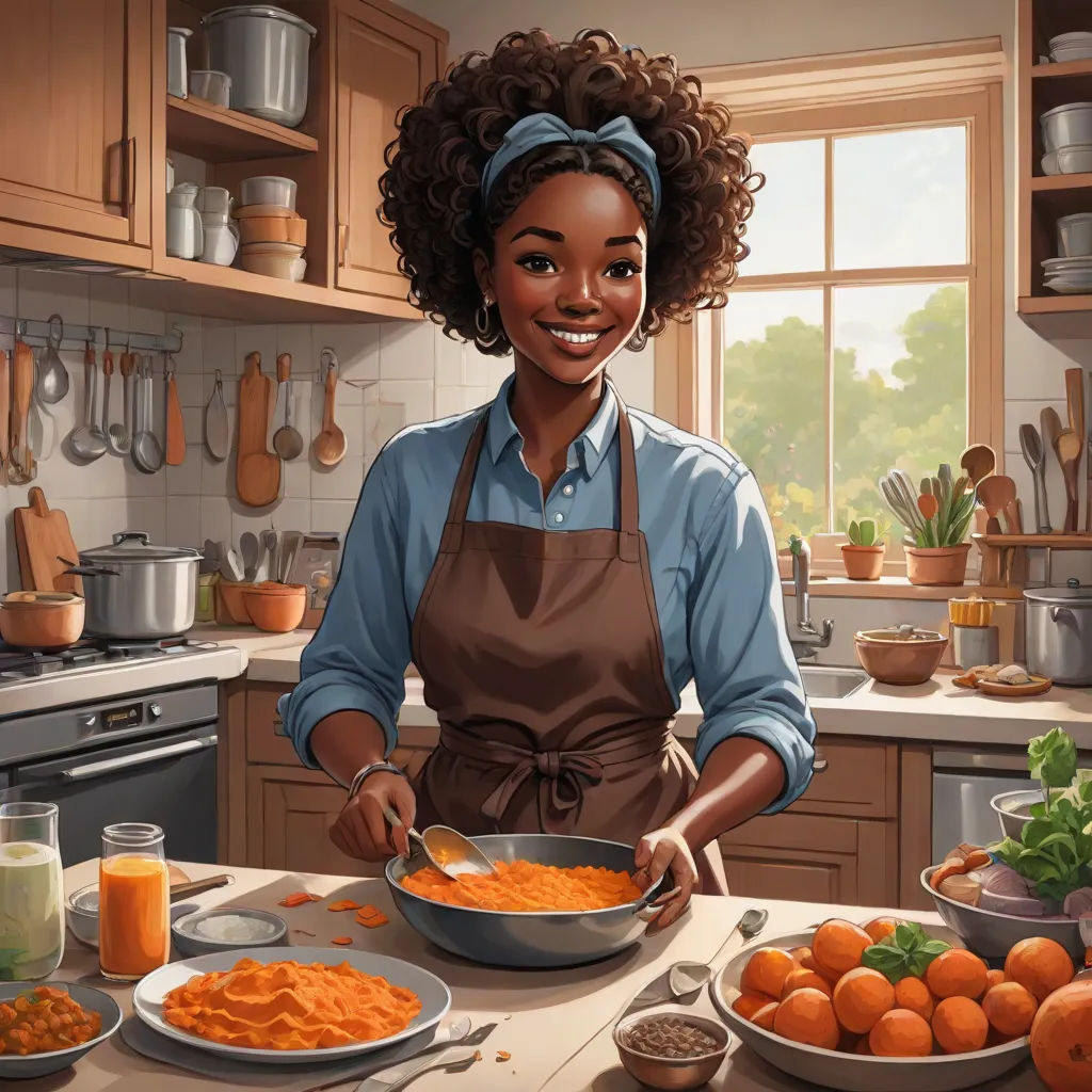 a woman in an apron is making food in a kitchen with oranges and other foods on the counter, american scene painting, a character portrait, Chris LaBrooy, highly detailed digital painting
