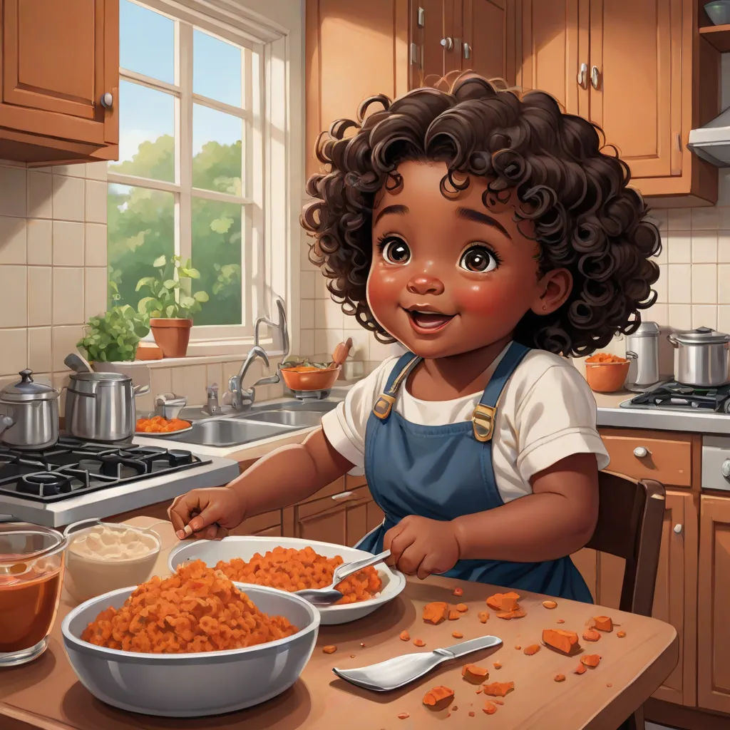a cartoon girl is making a meal in the kitchen with a bowl of carrots and a bowl of peanut butter, american scene painting, a storybook illustration, Chinwe Chukwuogo-Roy, trending on art station