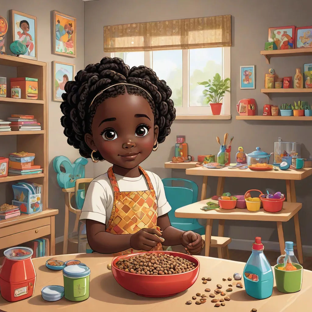 a cartoon girl is making a mess in her kitchen with a bowl of food and a bottle of milk, photorealism, a storybook illustration, Chinwe Chukwuogo-Roy, official art