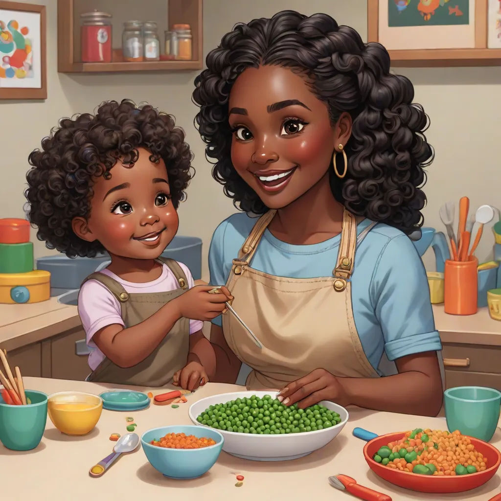 a woman and a child are preparing food in a kitchen together, with bowls of peas and carrots, photorealism, a storybook illustration, Beatrice Huntington, ultra realistic illustration