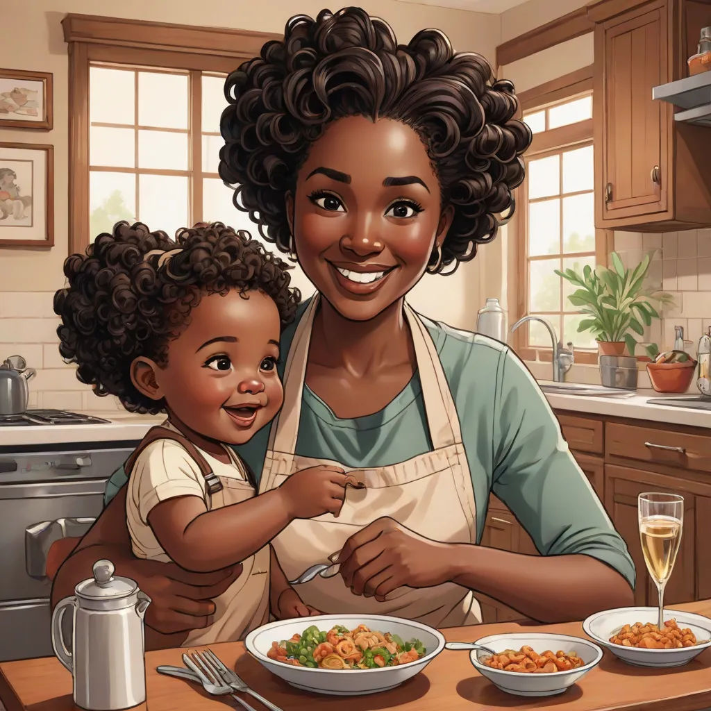 a woman holding a child while he is cooking in a kitchen with a plate of food on the table, afrofuturism, a storybook illustration, Chinwe Chukwuogo-Roy, storybook illustration