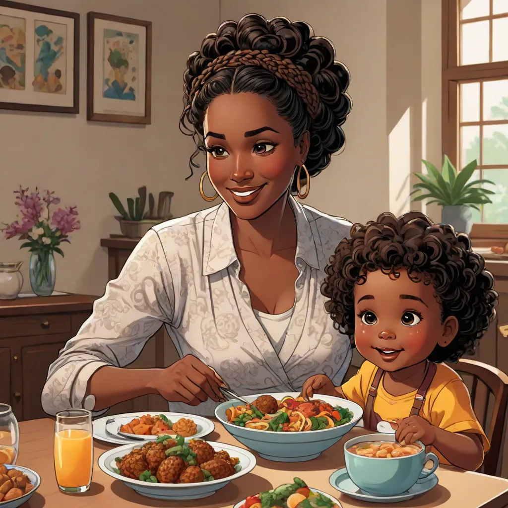 a woman and child sitting at a table with plates of food in front of them, and a bowl of food in front of them, afrofuturism, a storybook illustration, Alexis Simon Belle, ultra realistic illustration