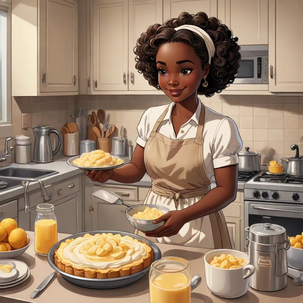 a woman in an apron holding a plate of food in a kitchen with oranges and a cup of coffee, harlem renaissance, a detailed painting, Chinwe Chukwuogo-Roy, kinkade