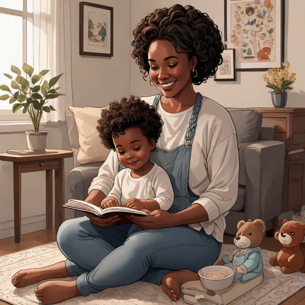 a woman and a child are sitting on the floor reading a book together, with a teddy bear nearby, photorealism, a storybook illustration, Cynthia Sheppard, storybook illustration