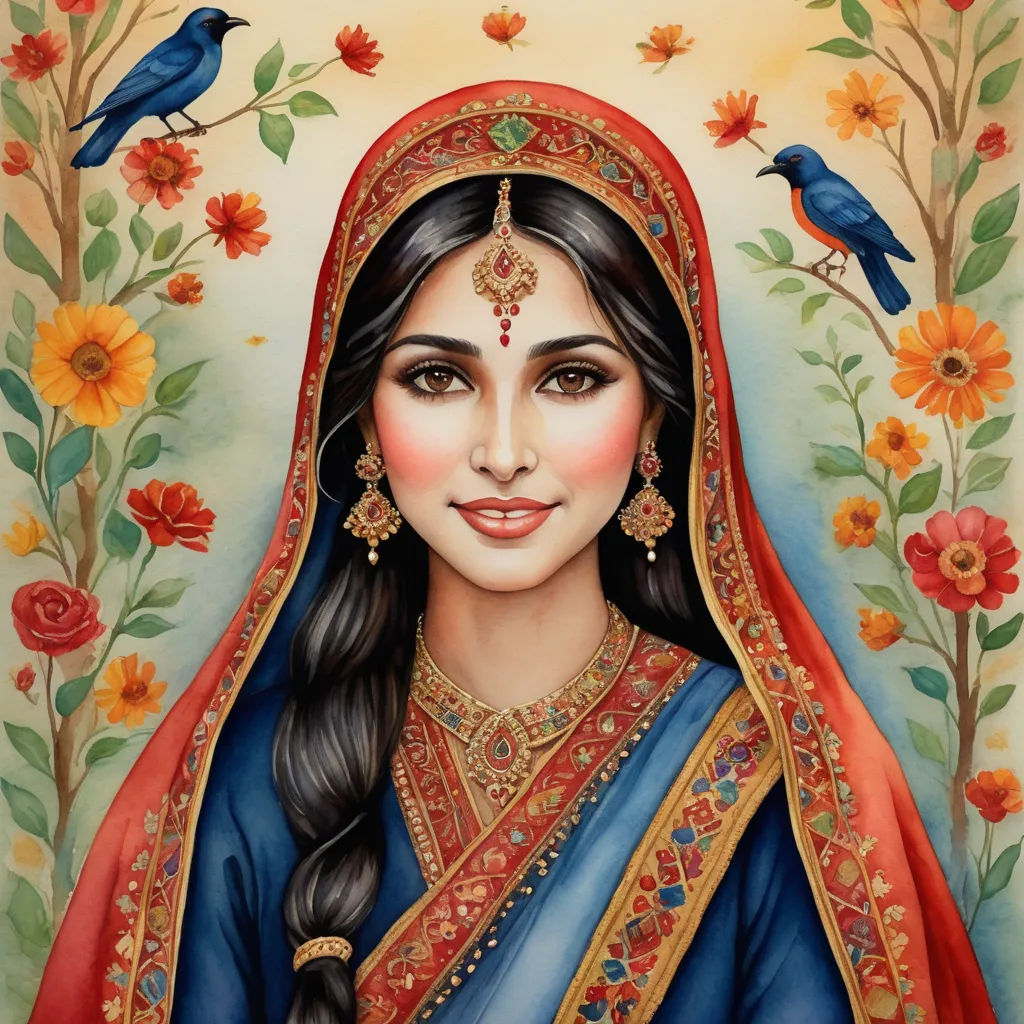 a painting of a woman in a blue dress with a red shawl and a blue bird on her head, qajar art, a detailed painting, Ella Guru, detailed painting