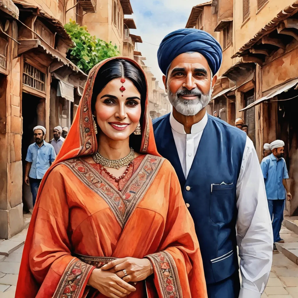 a painting of a man and woman in indian garb standing in a street with people in the background, hyperrealism, an oil on canvas painting, Art & Language, extremely detailed oil painting
