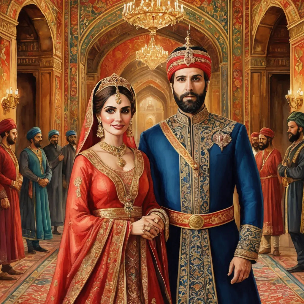 a painting of a man and woman in traditional dress standing in a palace hallway with other people around them, qajar art, a detailed painting, Altoon Sultan, highly detailed digital painting