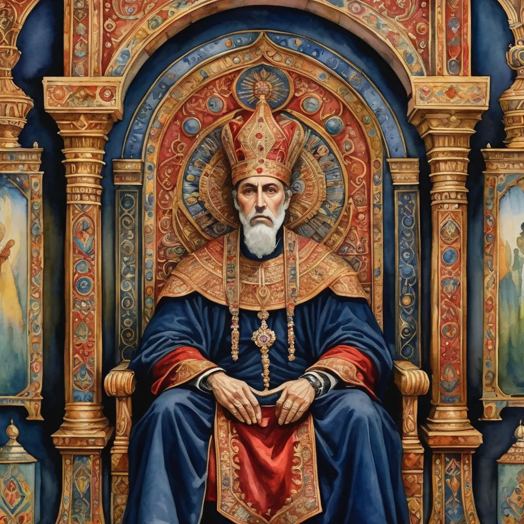 a painting of a man sitting on a throne with a cross on it's head and a crown on his head, qajar art, a detailed painting, Dionisius, detailed painting