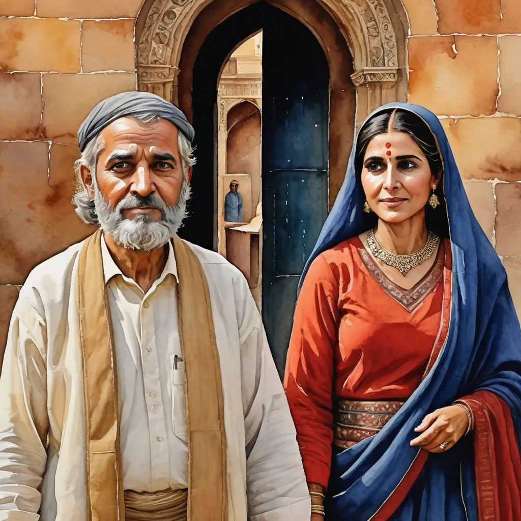 a painting of a man and woman standing in front of a building with a doorway and a doorway with a door, figurative art, a detailed painting, Drew Struzan, highly detailed digital painting