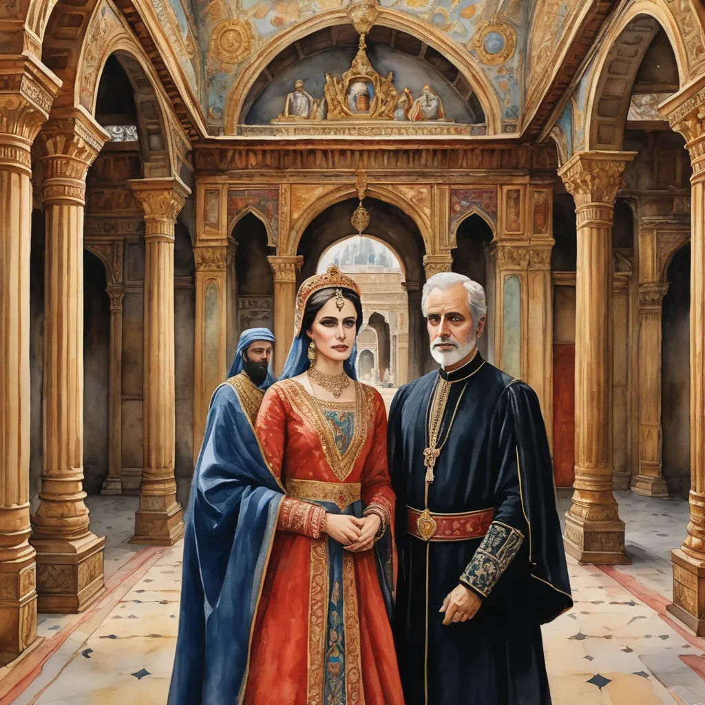 a painting of a man and woman in a palace setting with pillars and arches, and a ceiling painted in gold and blue, qajar art, a detailed painting, Donato Giancola, official art